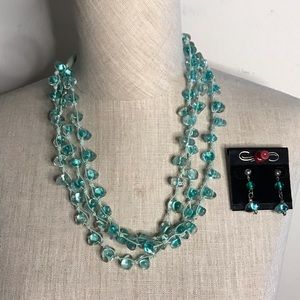 Blue Green Glass Triple Necklace & Earrings Set